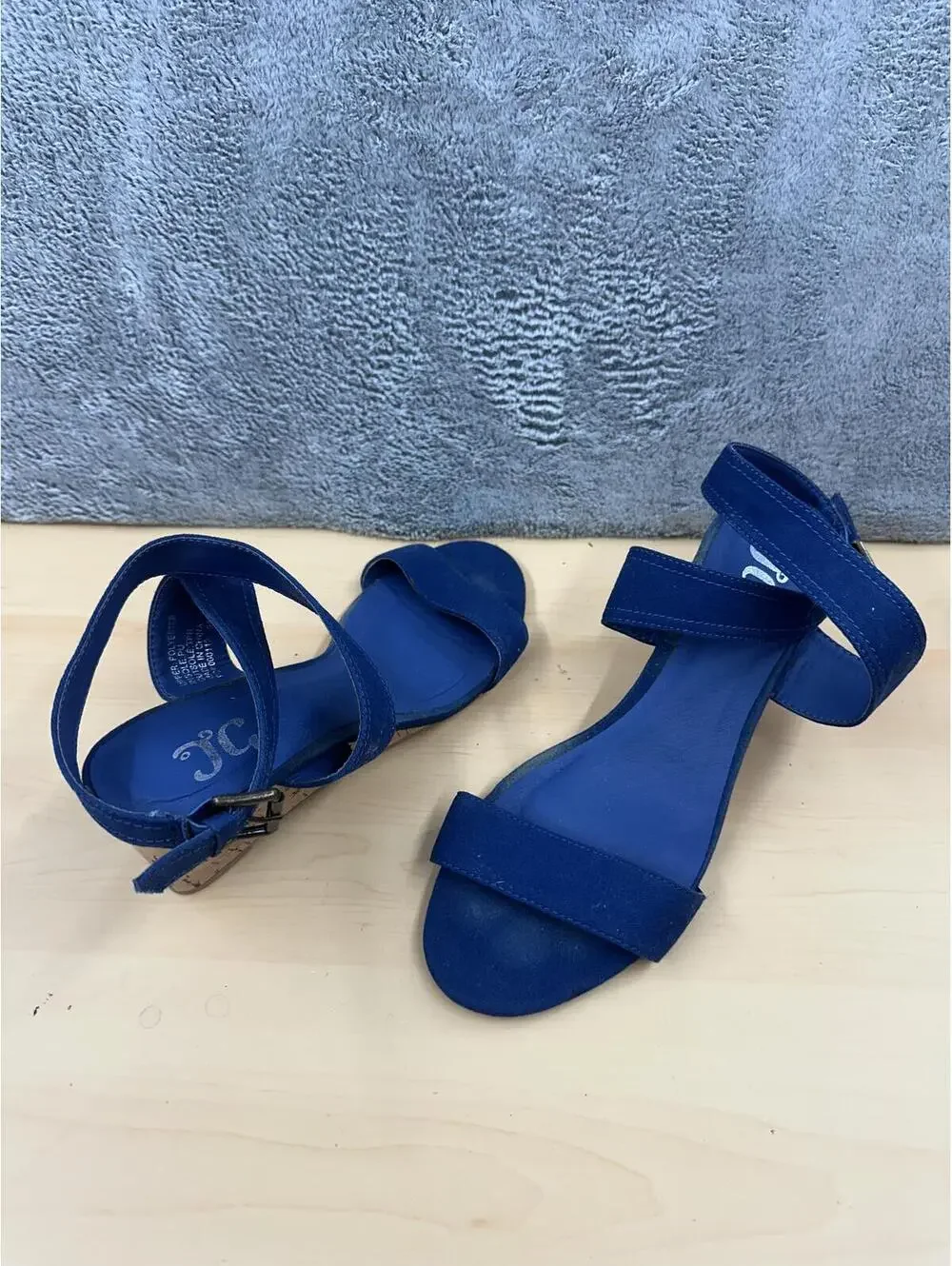 J.C. Blue Suede Cork Wedge Sandals